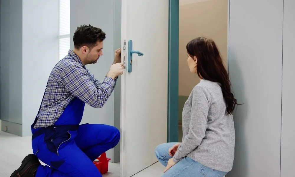 Locksmith repairing door lock while woman watches