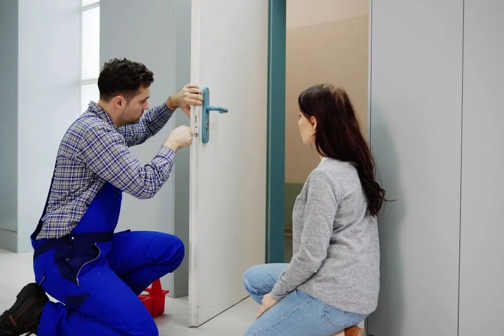 Locksmith repairing door lock while woman watches