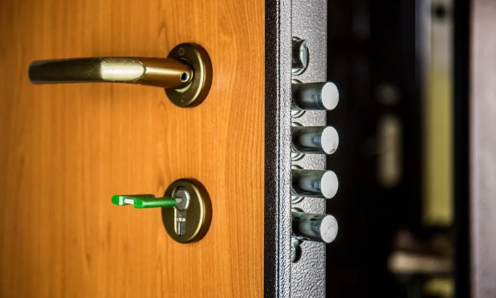 Close-up of secure door with multiple locking bolts